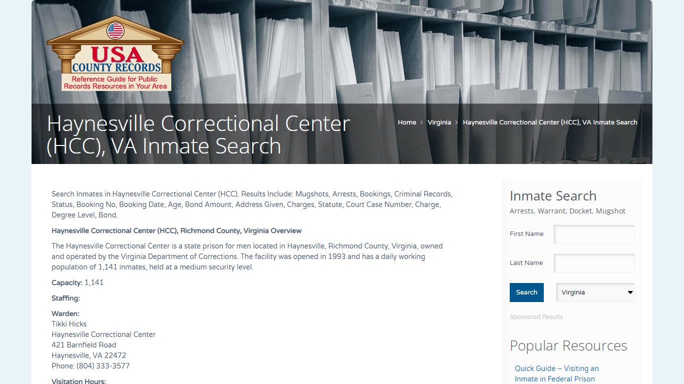Haynesville Correctional Center (HCC), VA Inmate Search